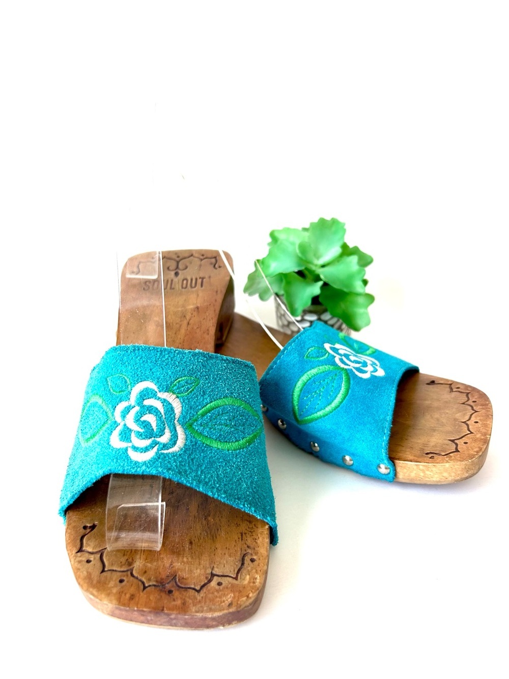 Soul Out Vintage 90s Turqoise Blue Suede Platform Wood Mule Slide Sandals 7.5